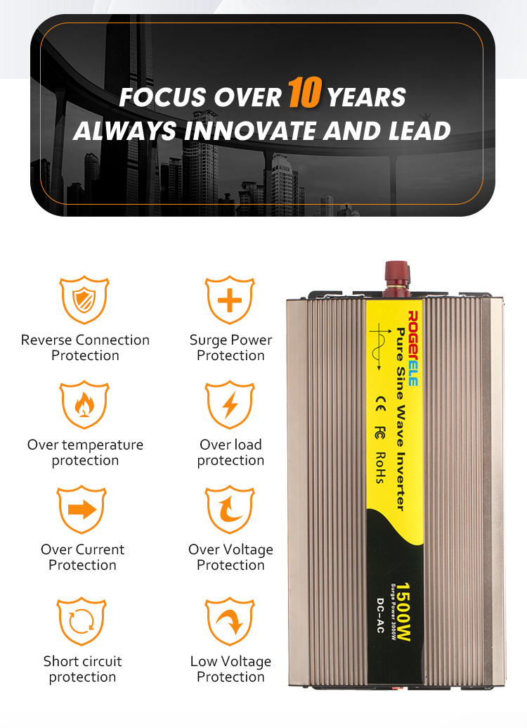 1.5kw 1500W 12 24 48 Volt DC to AC 110 220 230 Volt Pure Sine Wave Power Inverter