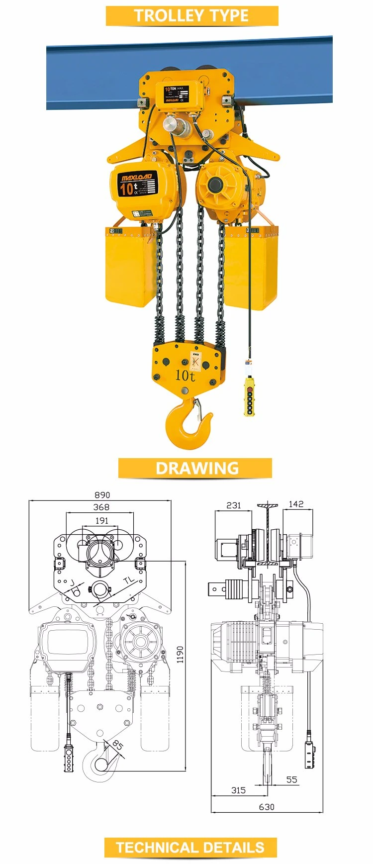 High Quality Lifting Tools 10 5 Ton Electric Chain Hoist with Electric Trolley Lhy Type