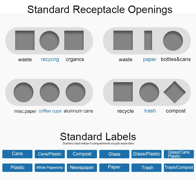 Airport Metal Oval Color Code 4 Compartment Stainless Steel Dustbin Waste Trash Indoor Recycle Bin