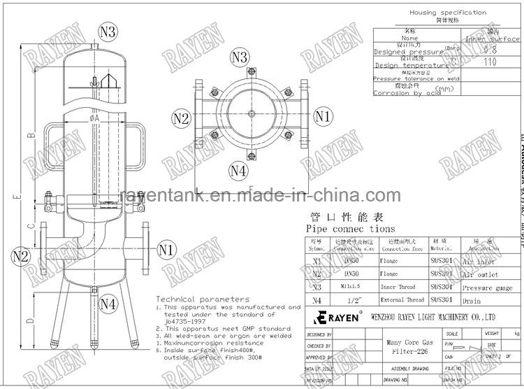 Stainless Steel Industrial Gas Filter Cartridge Steam Air Filter Housing