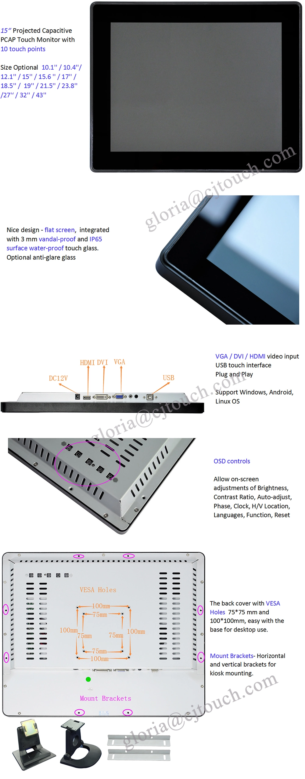 Waterproof Touch Screen Monitor Supplier 15 Inch Touch Screen Montior for Kiosks