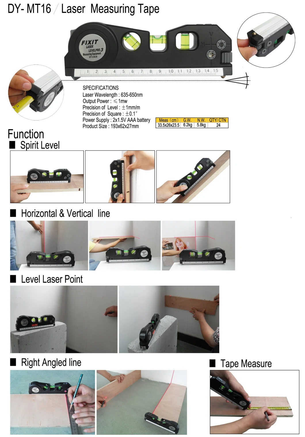 Precision Laser Measure Tape Cross 2 Line Horizon Vertical Measure Tape Laser Level Measure Tape