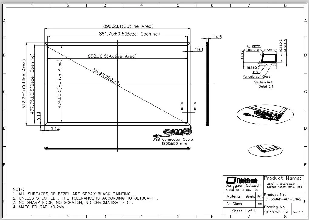 38.9'' Sunlight Readable Infrared IR Sensor Touch Screen Frame with Multi Touch